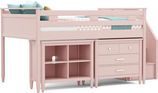 Kids Modern Colors Pink Full Step Loft with Loft Chest and Bookcase