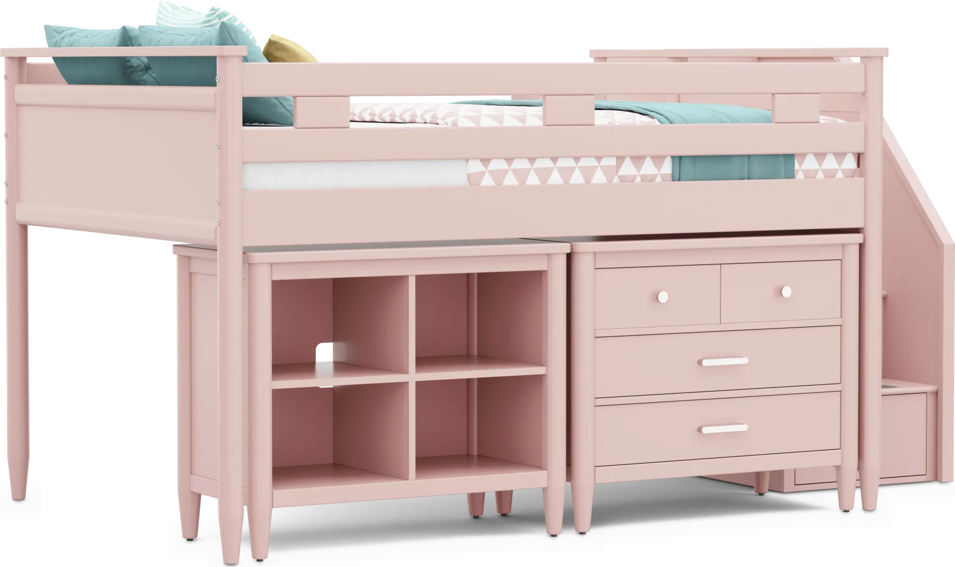 Kids Modern Colors Pink Full Step Loft with Loft Chest and Bookcase - Image 1