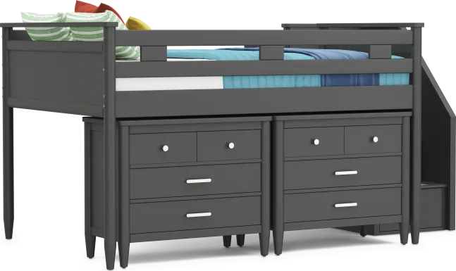Kids Modern Colors Iron Ore Full Step Loft with Loft Chests