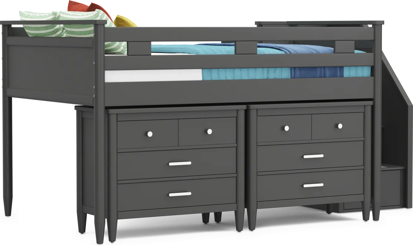 Kids Modern Colors Iron Ore Full Step Loft with Loft Chests