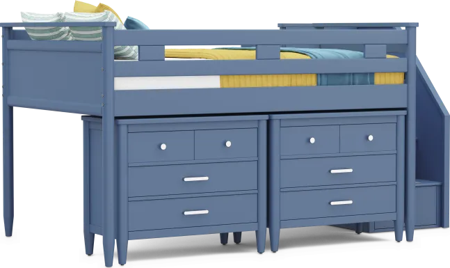 Kids Modern Colors Slate Blue Full Step Loft with Loft Chests
