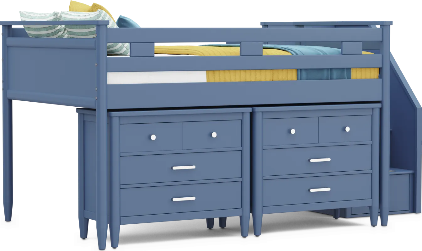 Kids Modern Colors Slate Blue Full Step Loft with Loft Chests