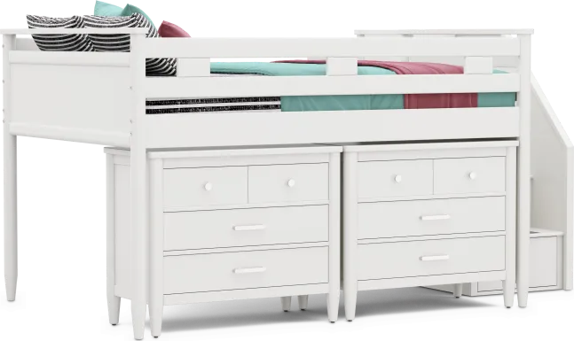 Kids Modern Colors White Full Step Loft with Loft Chests