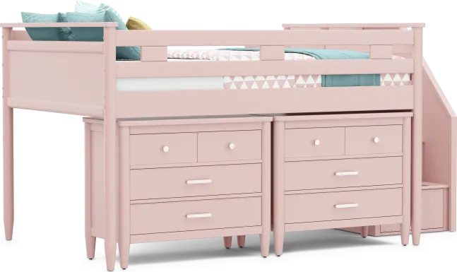 Kids Modern Colors Pink Full Step Loft with Loft Chests