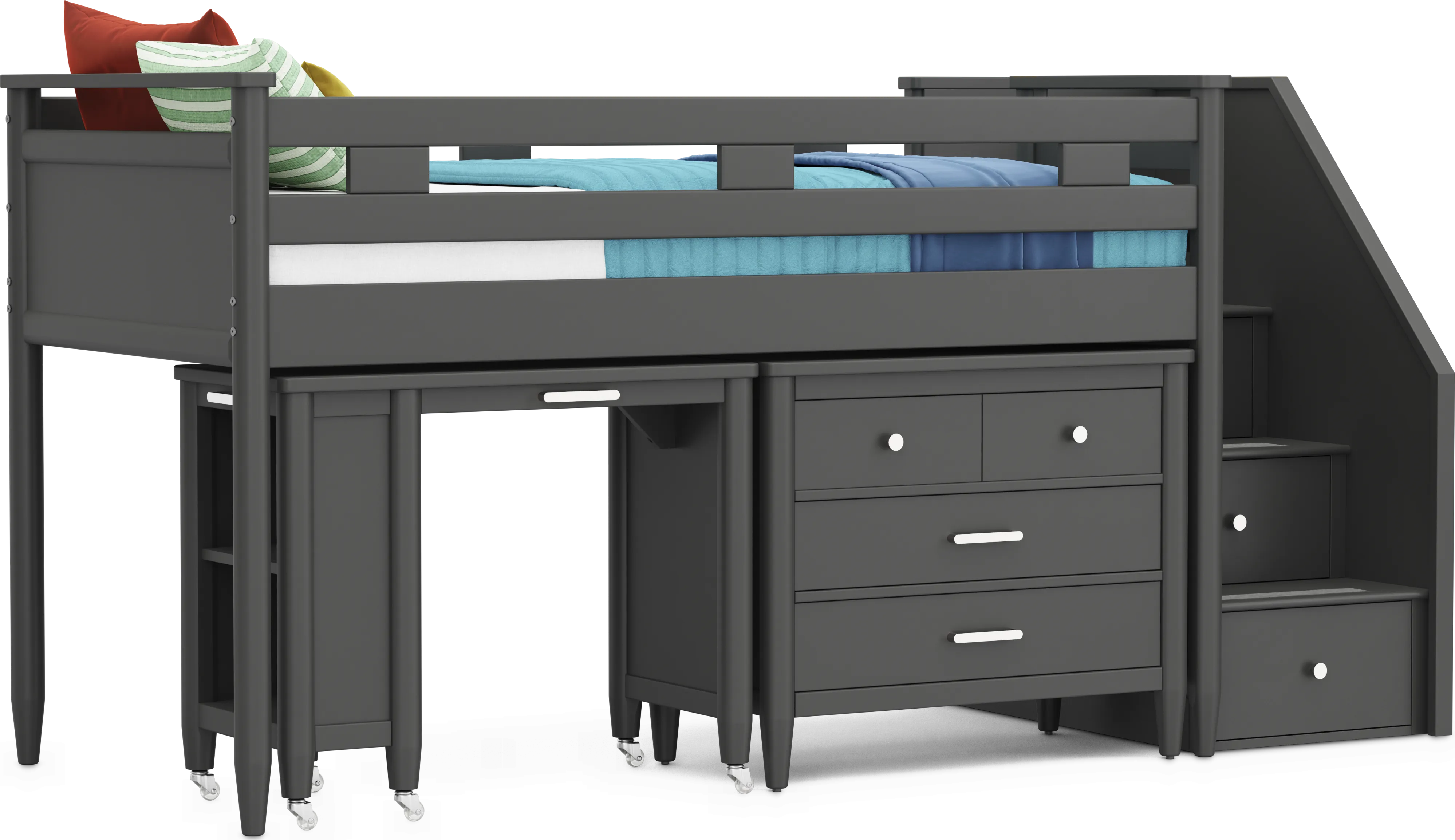 Kids Modern Colors Iron Ore Twin Step Loft with Loft Chest and Desk - Thumbnail - Image 1