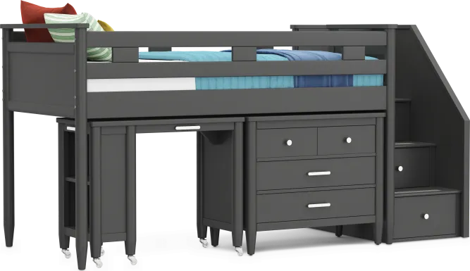 Kids Modern Colors Iron Ore Twin Step Loft with Loft Chest and Desk