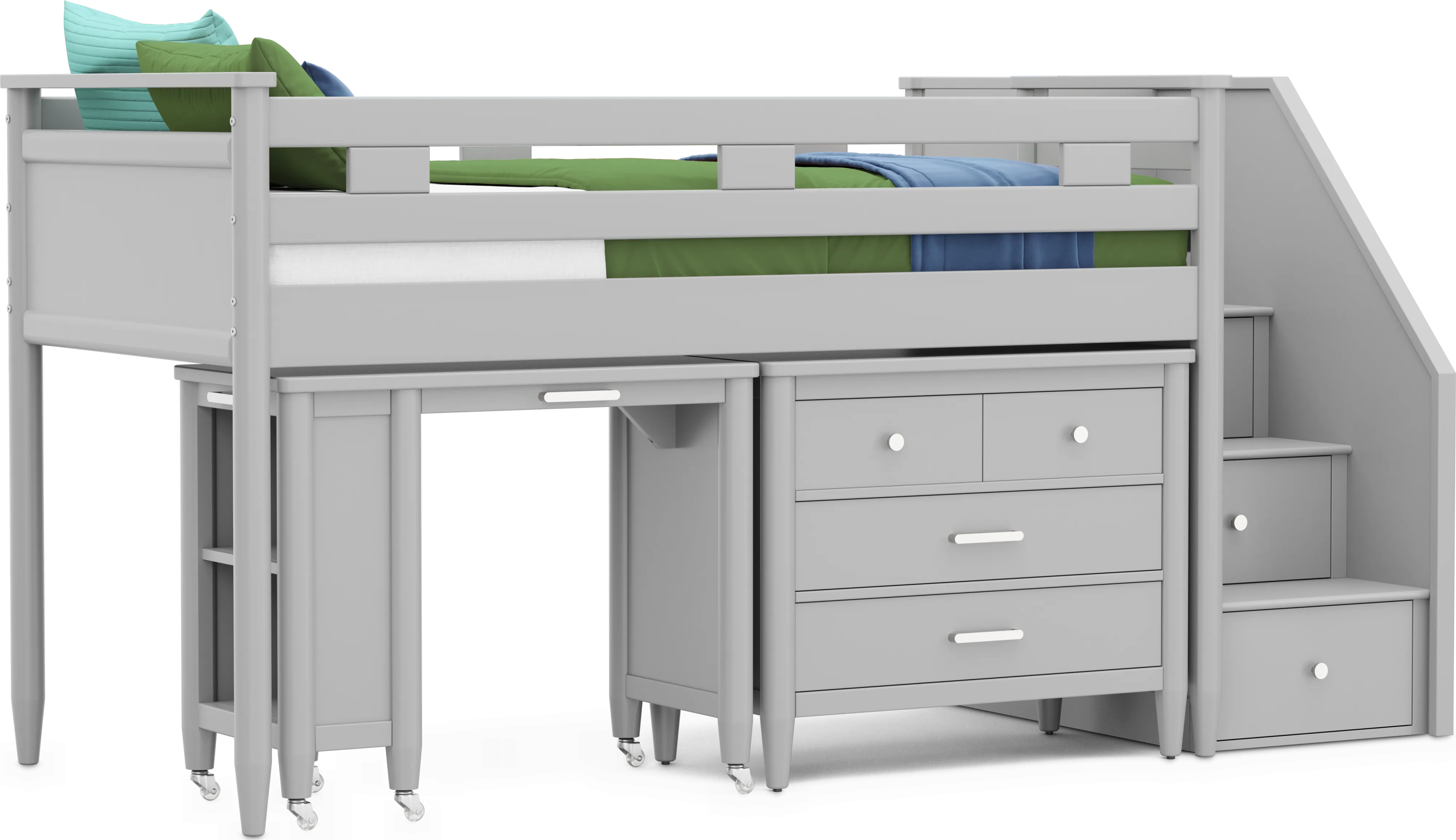 Kids Modern Colors Light Gray Twin Step Loft with Loft Chest and Desk - Thumbnail - Image 1