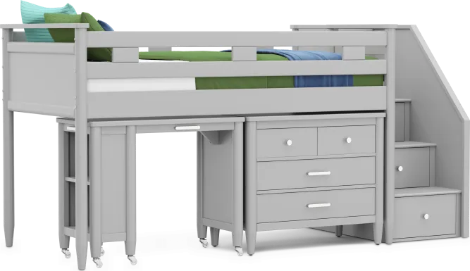 Kids Modern Colors Light Gray Twin Step Loft with Loft Chest and Desk