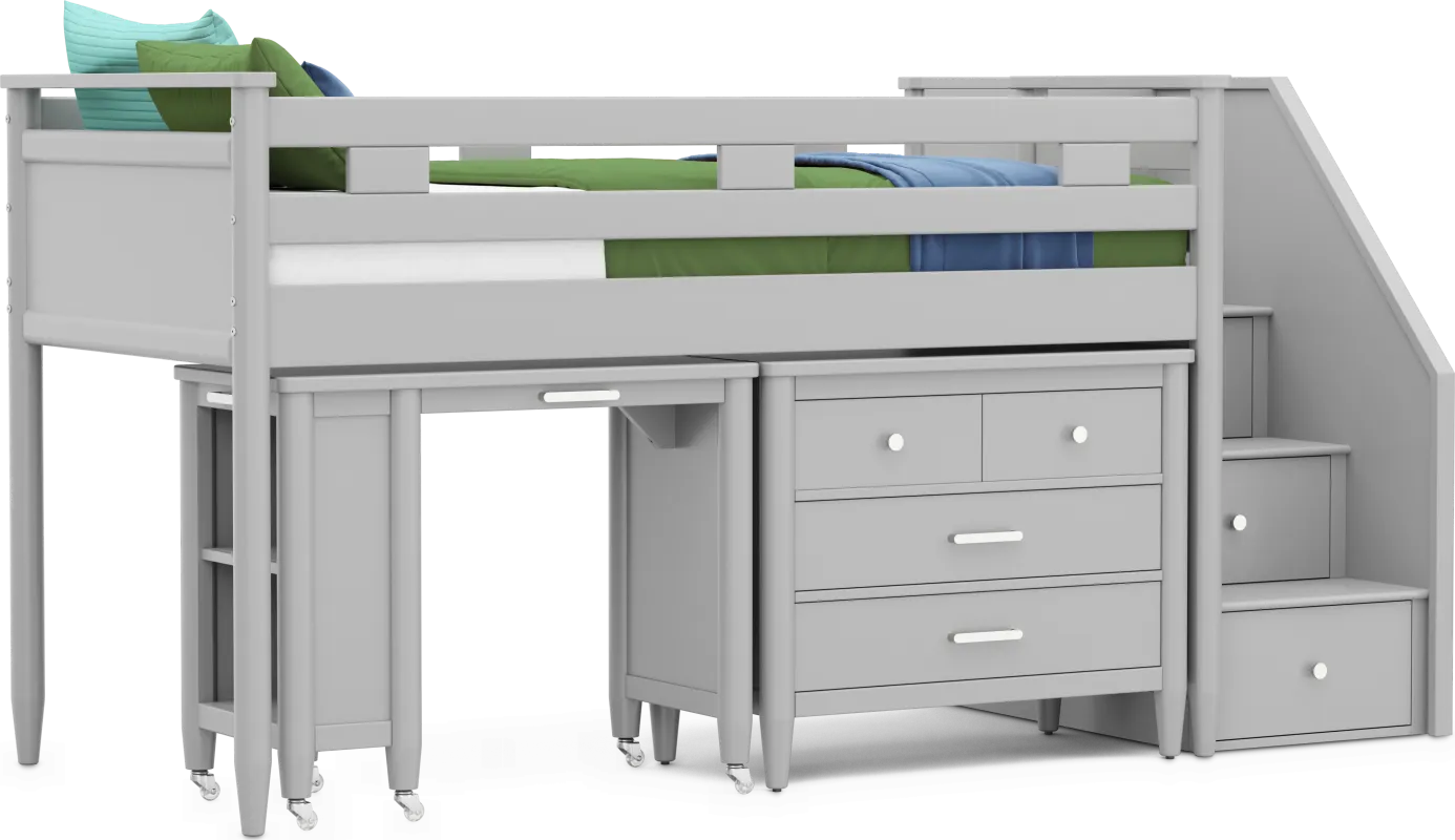 Kids Modern Colors Light Gray Twin Step Loft with Loft Chest and Desk