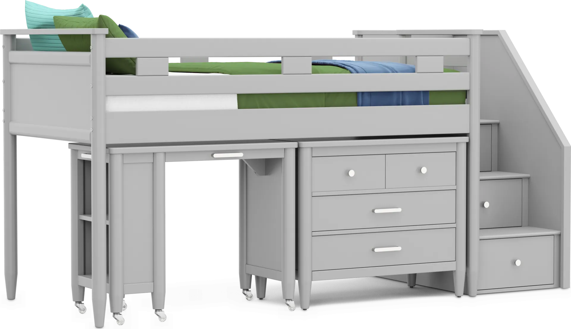 Kids Modern Colors Light Gray Twin Step Loft with Loft Chest and Desk - Image 1