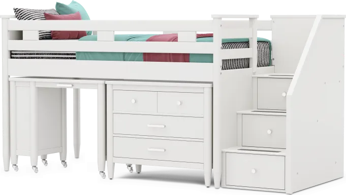 Kids Modern Colors White Twin Step Loft with Loft Chest and Desk