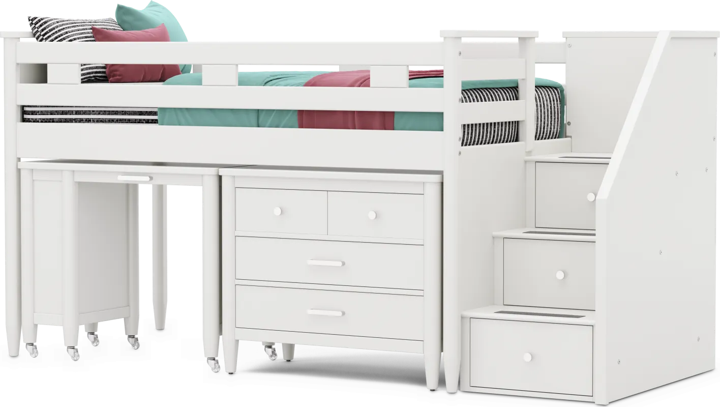 Kids Modern Colors White Twin Step Loft with Loft Chest and Desk