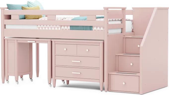 Kids Modern Colors Pink Twin Step Loft with Loft Chest and Desk