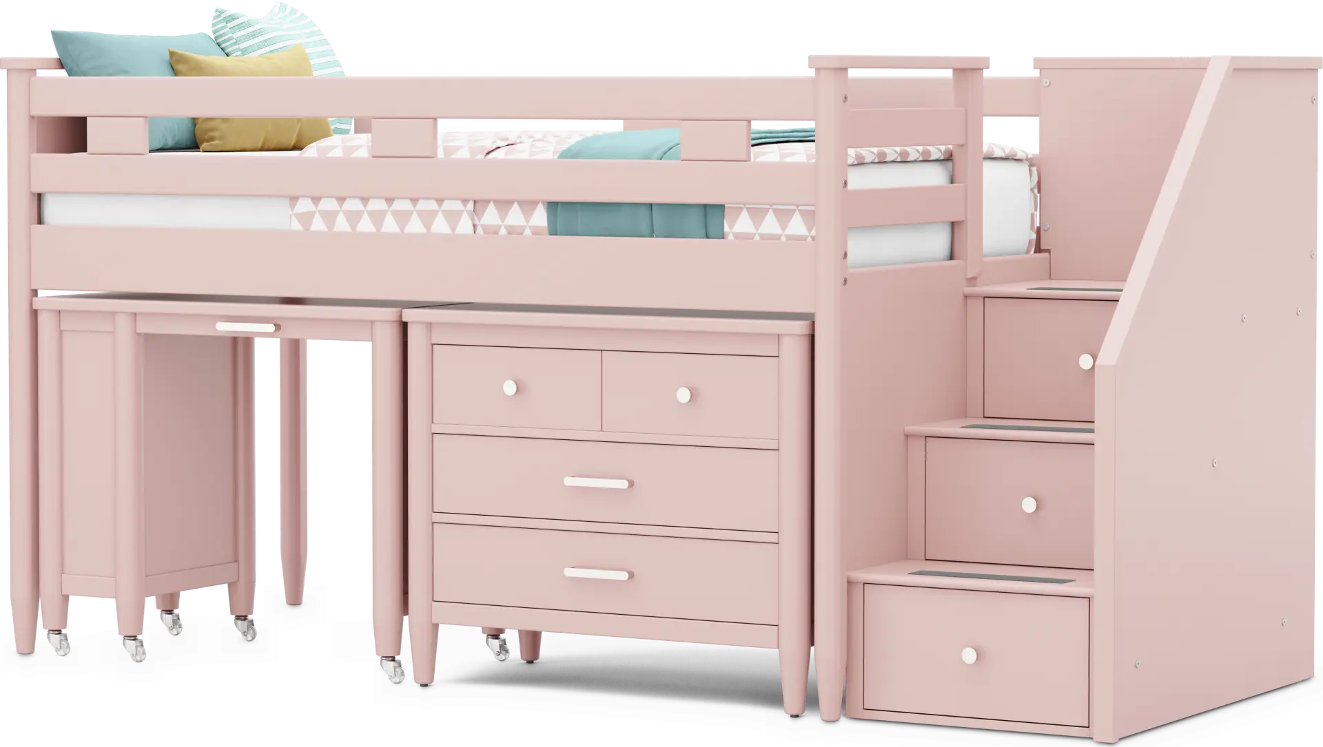 Kids Modern Colors Pink Twin Step Loft with Loft Chest and Desk