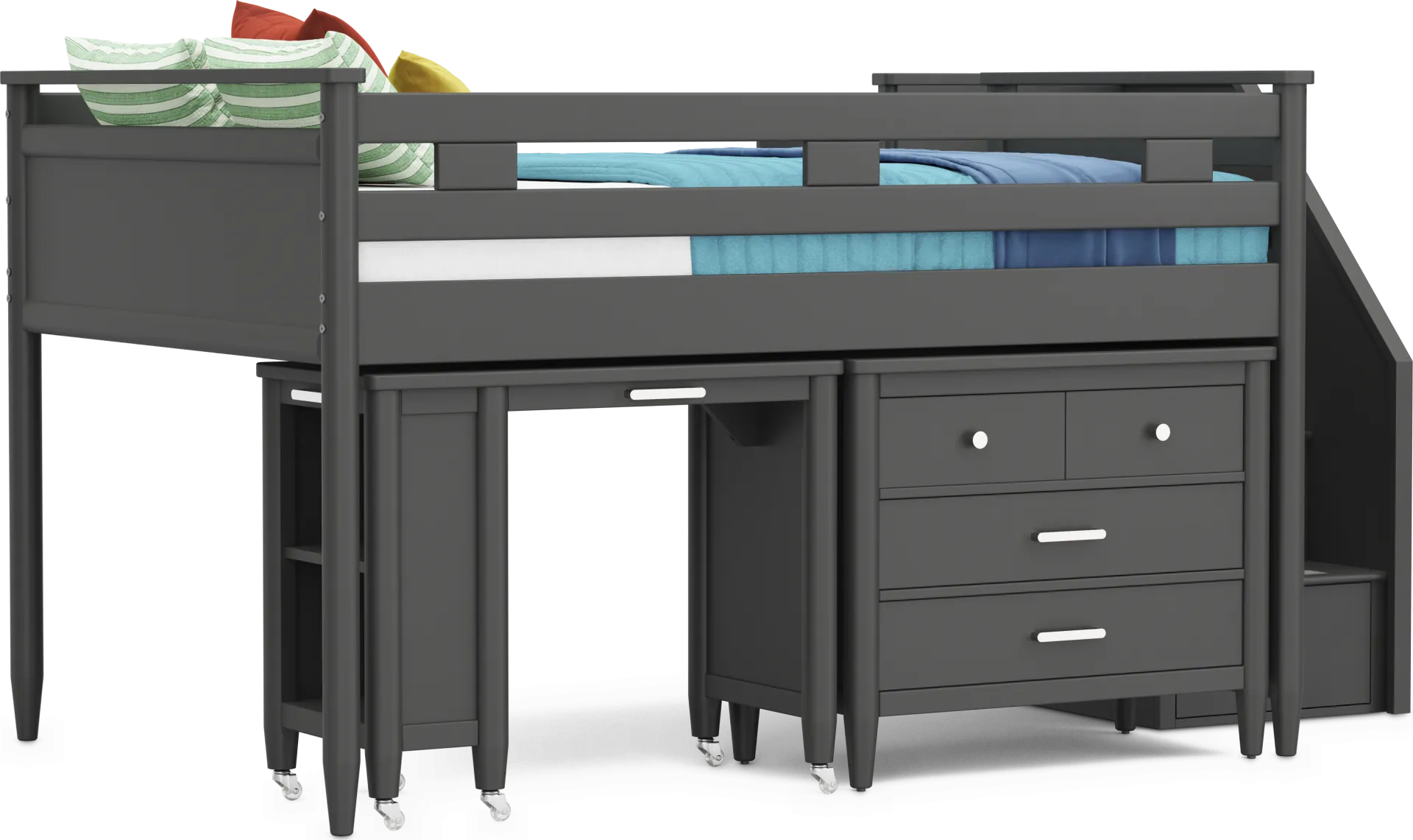 Kids Modern Colors Iron Ore Full Step Loft with Loft Chest and Desk - Image 1