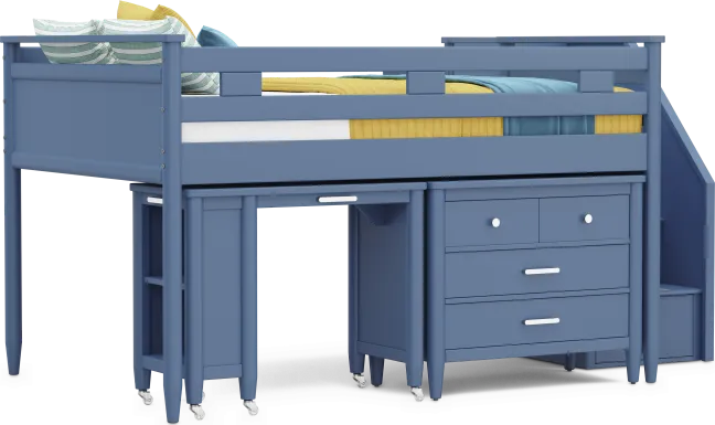 Kids Modern Colors Slate Blue Full Step Loft with Loft Chest and Desk
