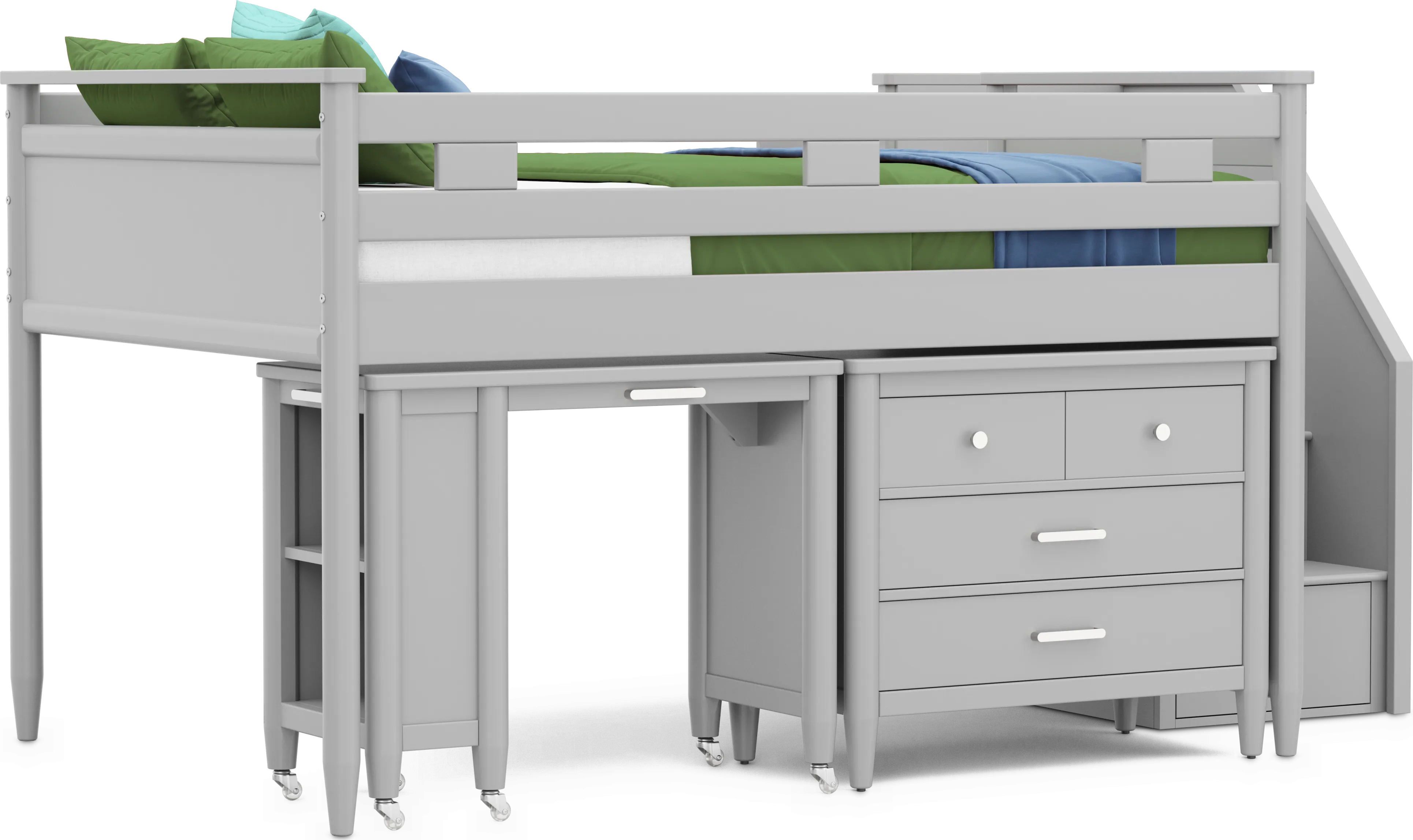 Kids Modern Colors Light Gray Full Step Loft with Loft Chest and Desk - Thumbnail - Image 1
