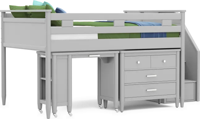 Kids Modern Colors Light Gray Full Step Loft with Loft Chest and Desk