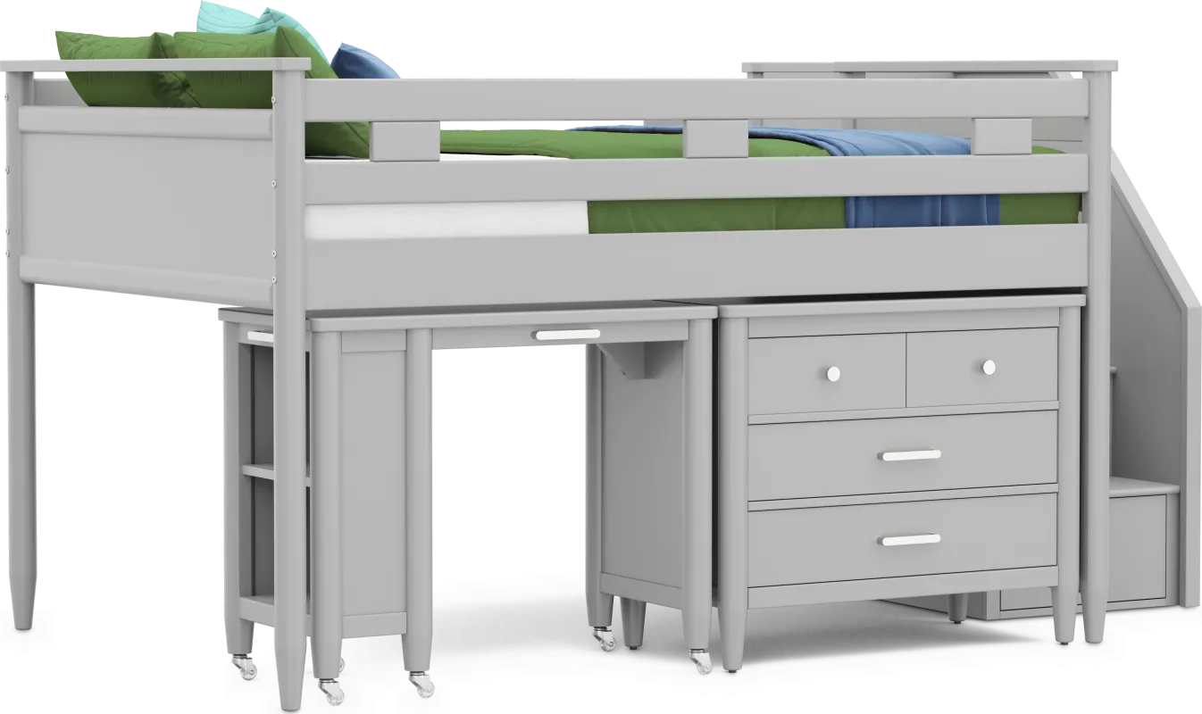 Kids Modern Colors Light Gray Full Step Loft with Loft Chest and Desk