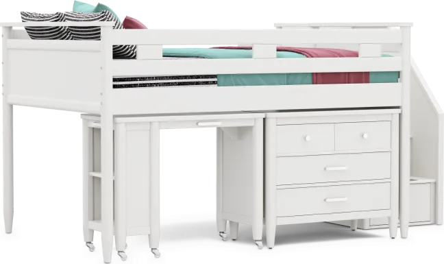Kids Modern Colors White Full Step Loft with Loft Chest and Desk