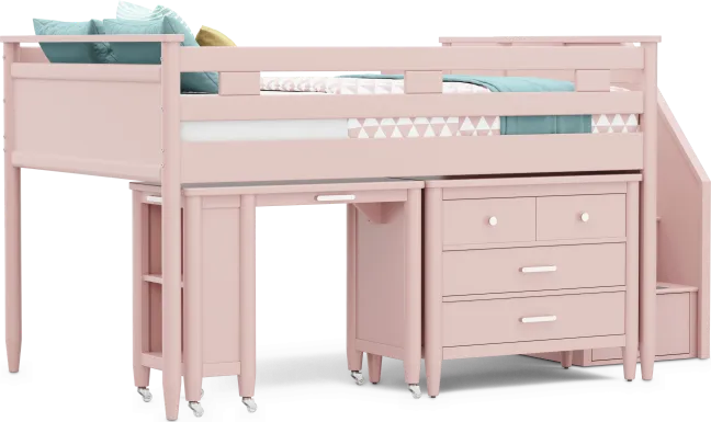 Kids Modern Colors Pink Full Step Loft with Loft Chest and Desk