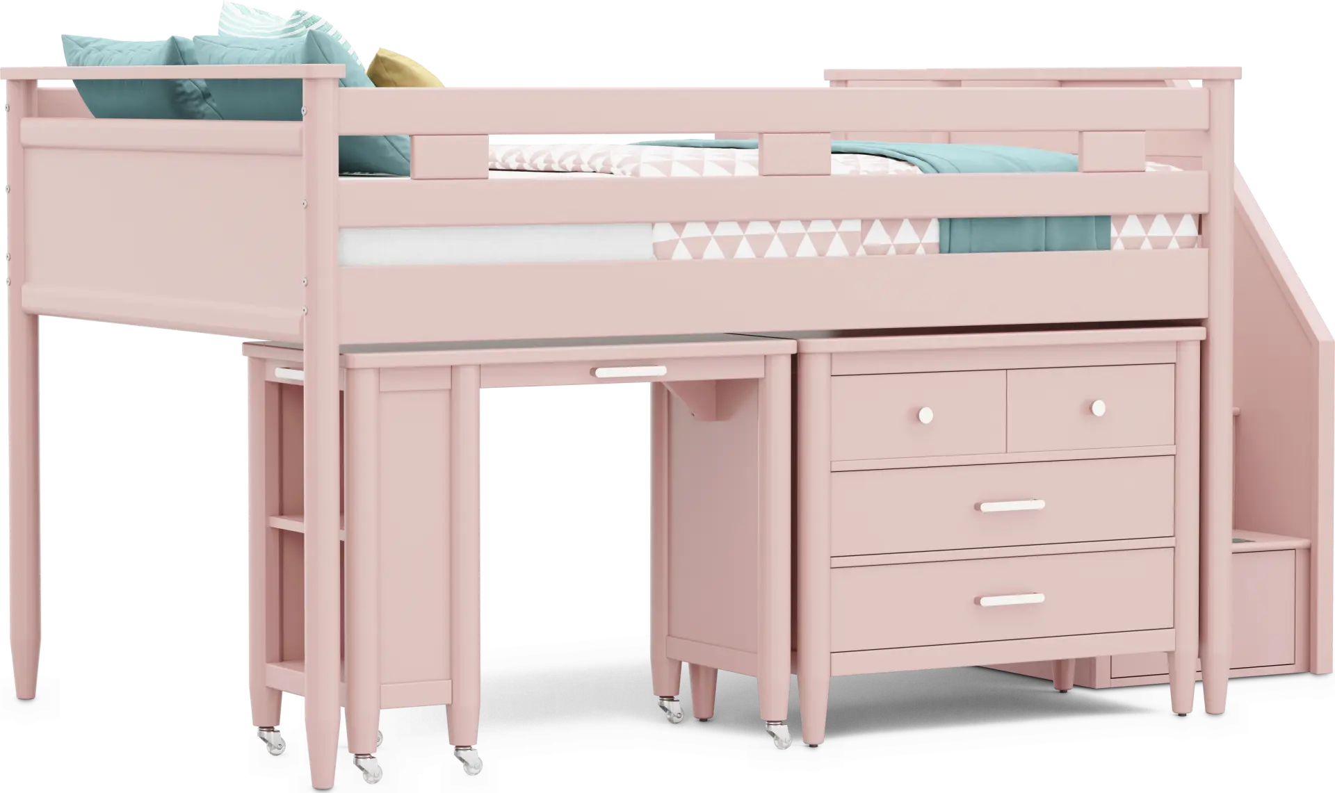 Kids Modern Colors Pink Full Step Loft with Loft Chest and Desk