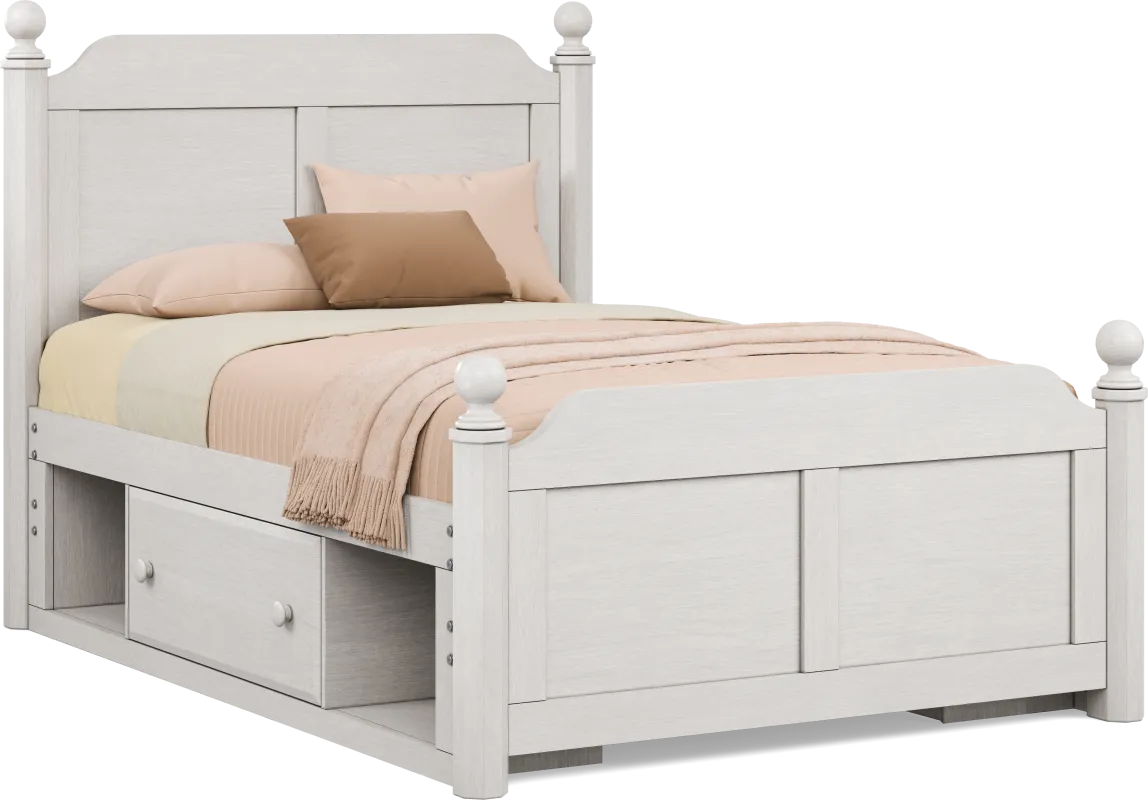 Kids South Bend Washed White Full Poster Bed with 2 Storage Side Rails