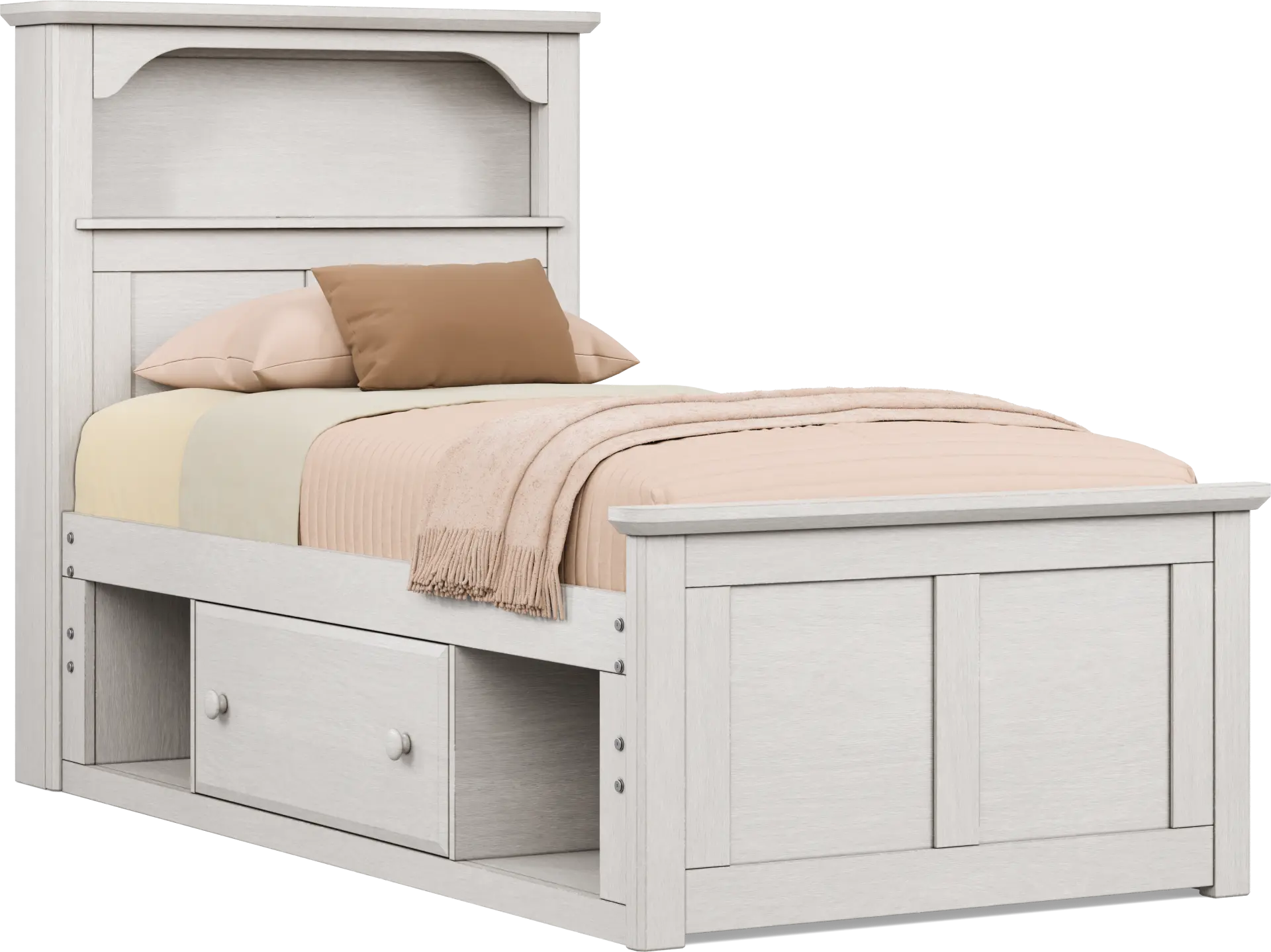 Kids South Bend Washed White Twin Bookcase Bed with 2 Storage Side Rails