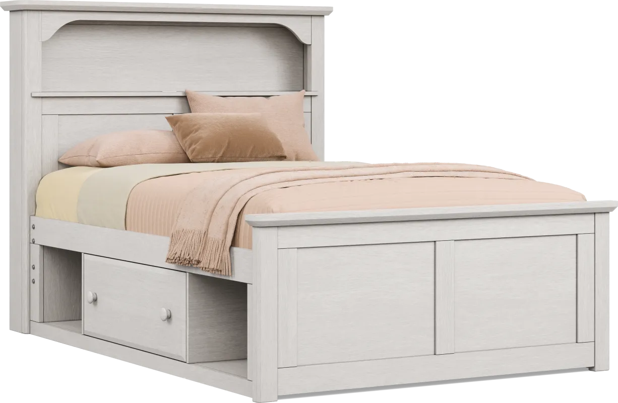Kids South Bend Washed White Full Bookcase Bed with 2 Storage Side Rails