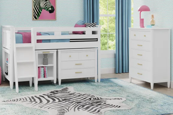 Kids Modern Colors White Twin Loft with Loft Chest, Bookcase and Desk