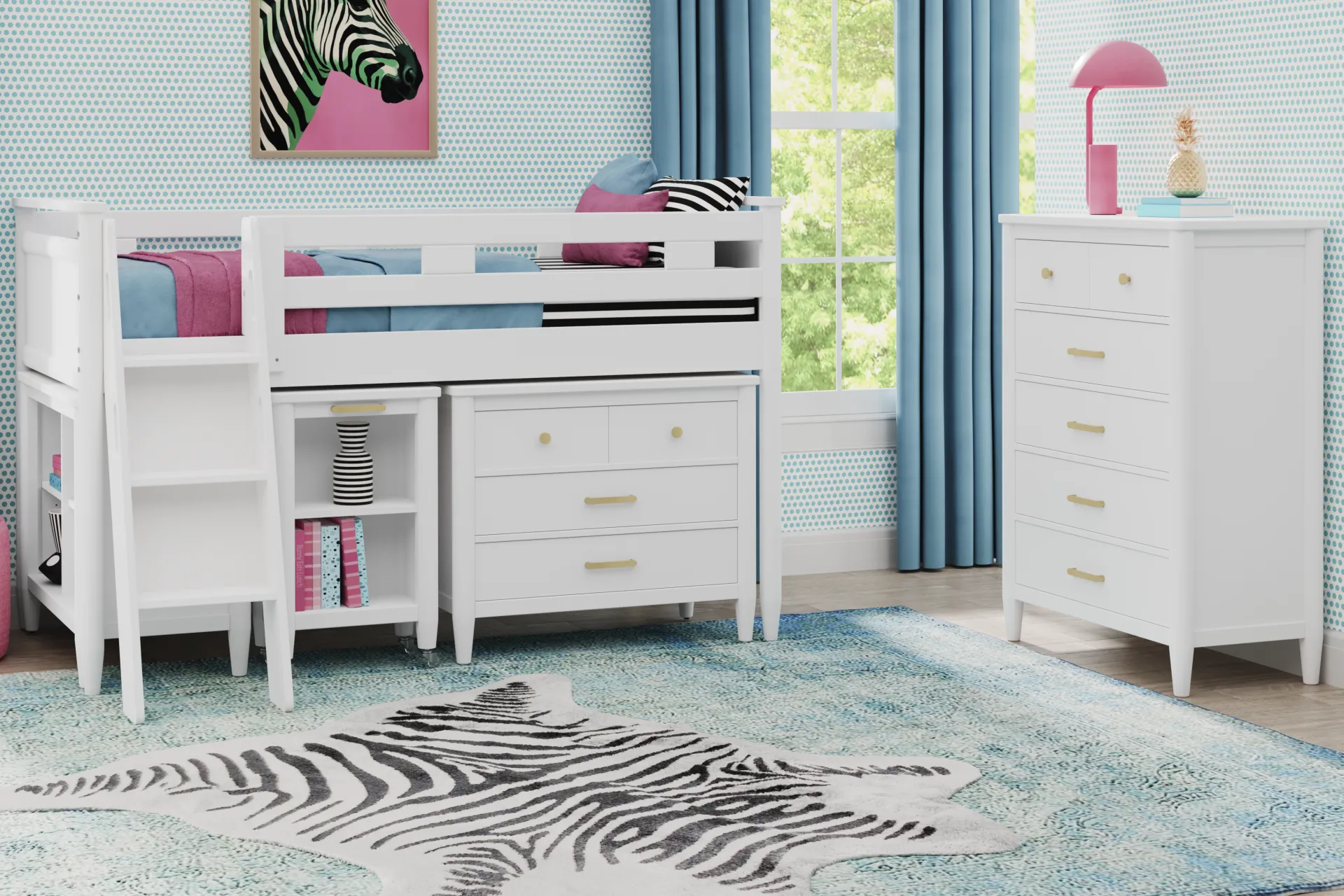 Kids Modern Colors White Twin Loft with Loft Chest, Bookcase and Desk - Image 1