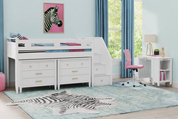 Kids Modern Colors White Twin Step Loft with Loft Chests