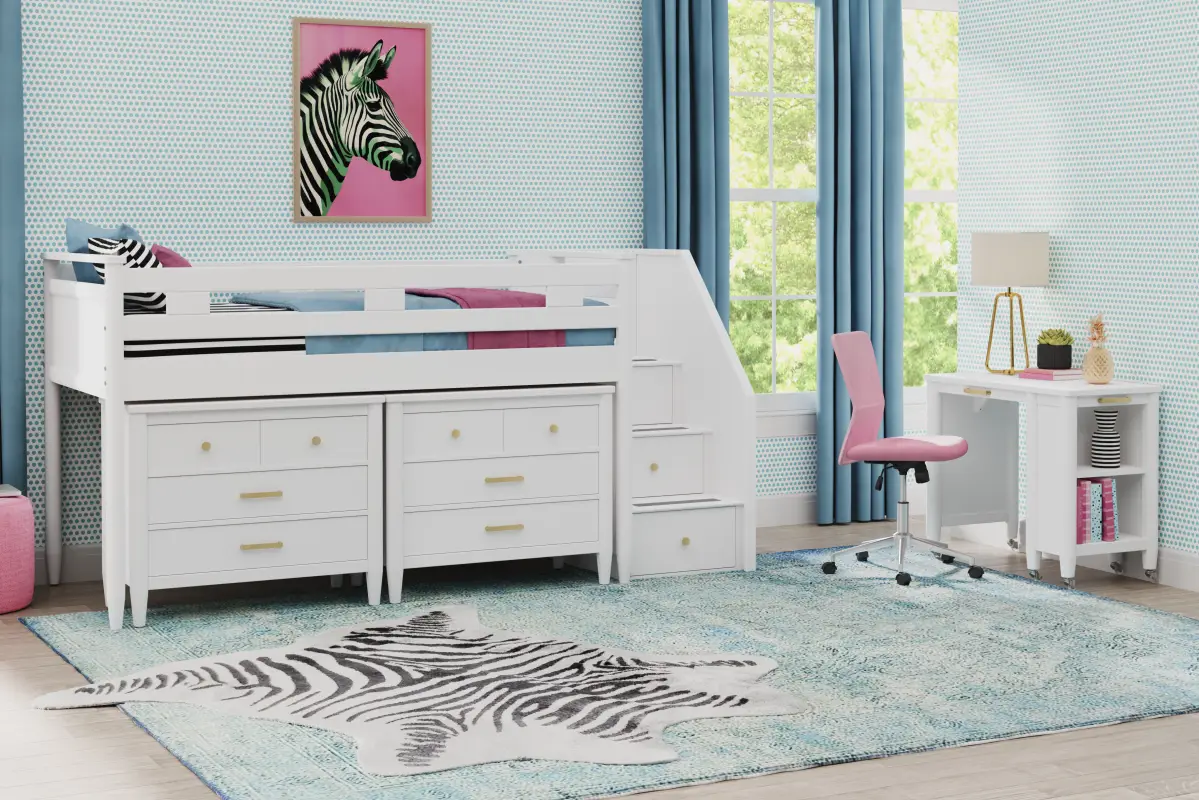 Kids Modern Colors White Twin Step Loft with Loft Chests