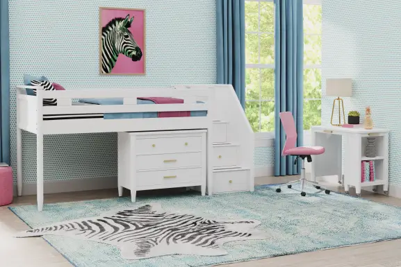 Kids Modern Colors White Full Step Loft with Loft Chest and Desk