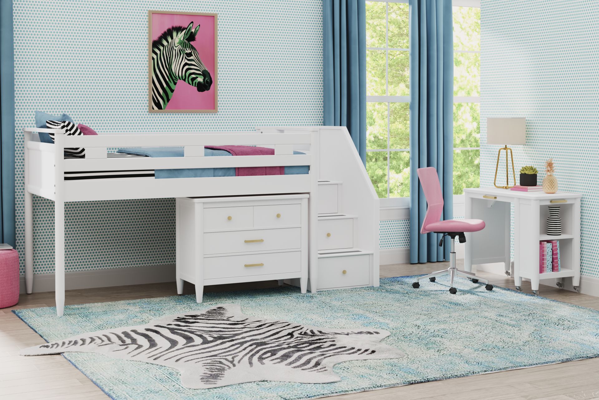 Kids Modern Colors White Full Step Loft with Loft Chest and Desk - Image 2
