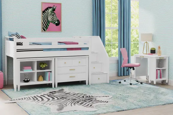 Kids Modern Colors White Twin Step Loft with Loft Chest and Bookcase