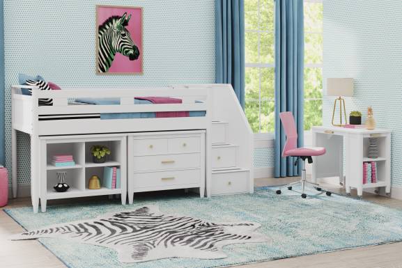 Kids Modern Colors White Twin Step Loft with Loft Chest and Bookcase
