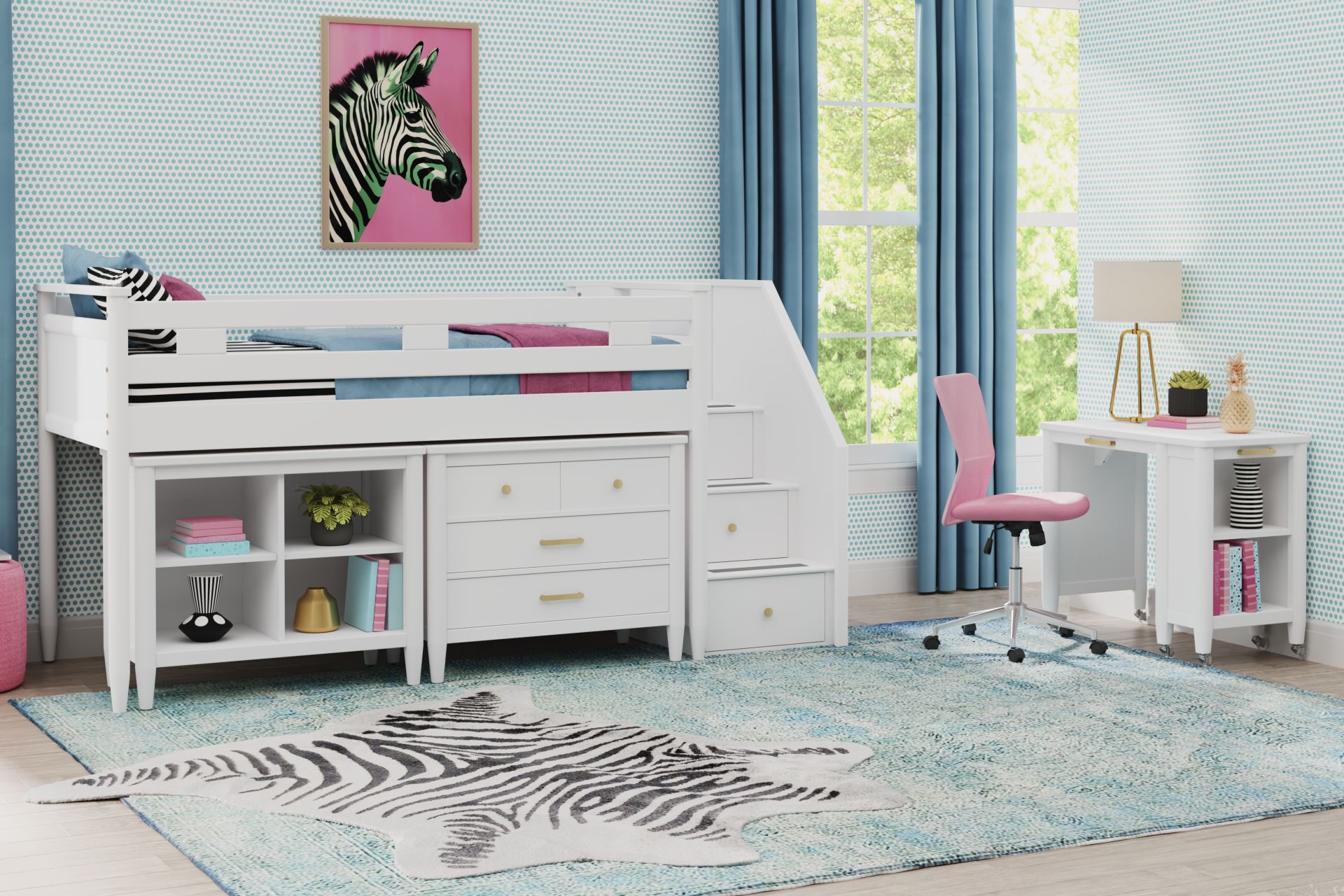 Kids Modern Colors White Twin Step Loft with Loft Chest and Bookcase - Image 2
