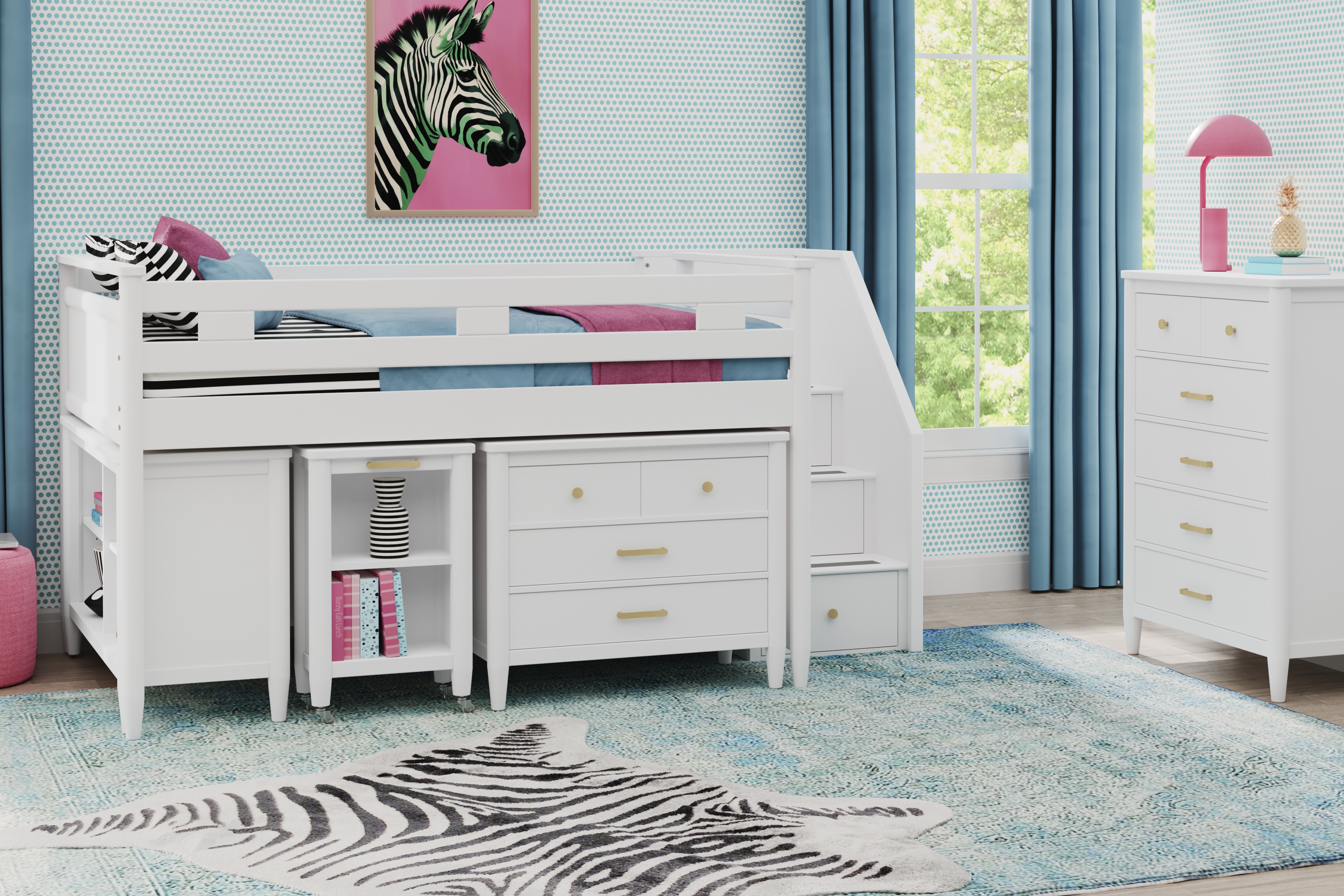 Kids Modern Colors White Full Step Loft with Loft Chest, Bookcase and Desk - Thumbnail - Image 2