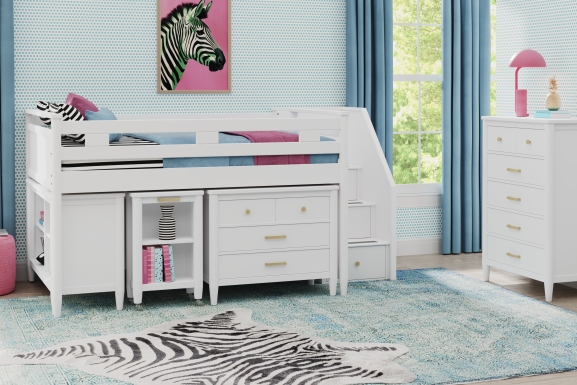 Kids Modern Colors White Twin Step Loft with Loft Chest, Bookcase and Desk