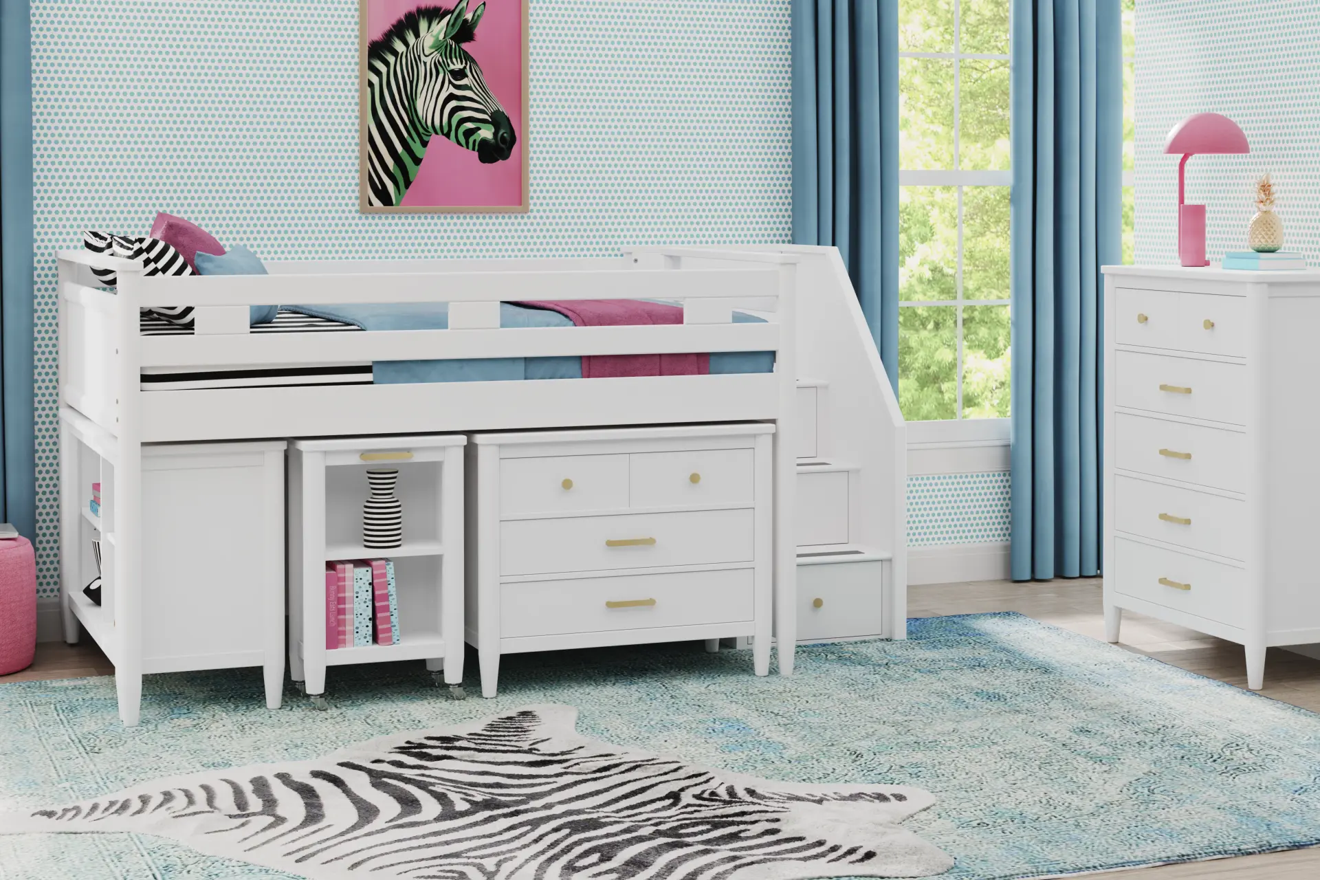 Kids Modern Colors White Twin Step Loft with Loft Chest, Bookcase and Desk