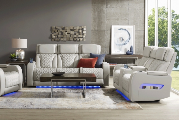 Port Royal Gray Leather Triple Power Reclining Sofa