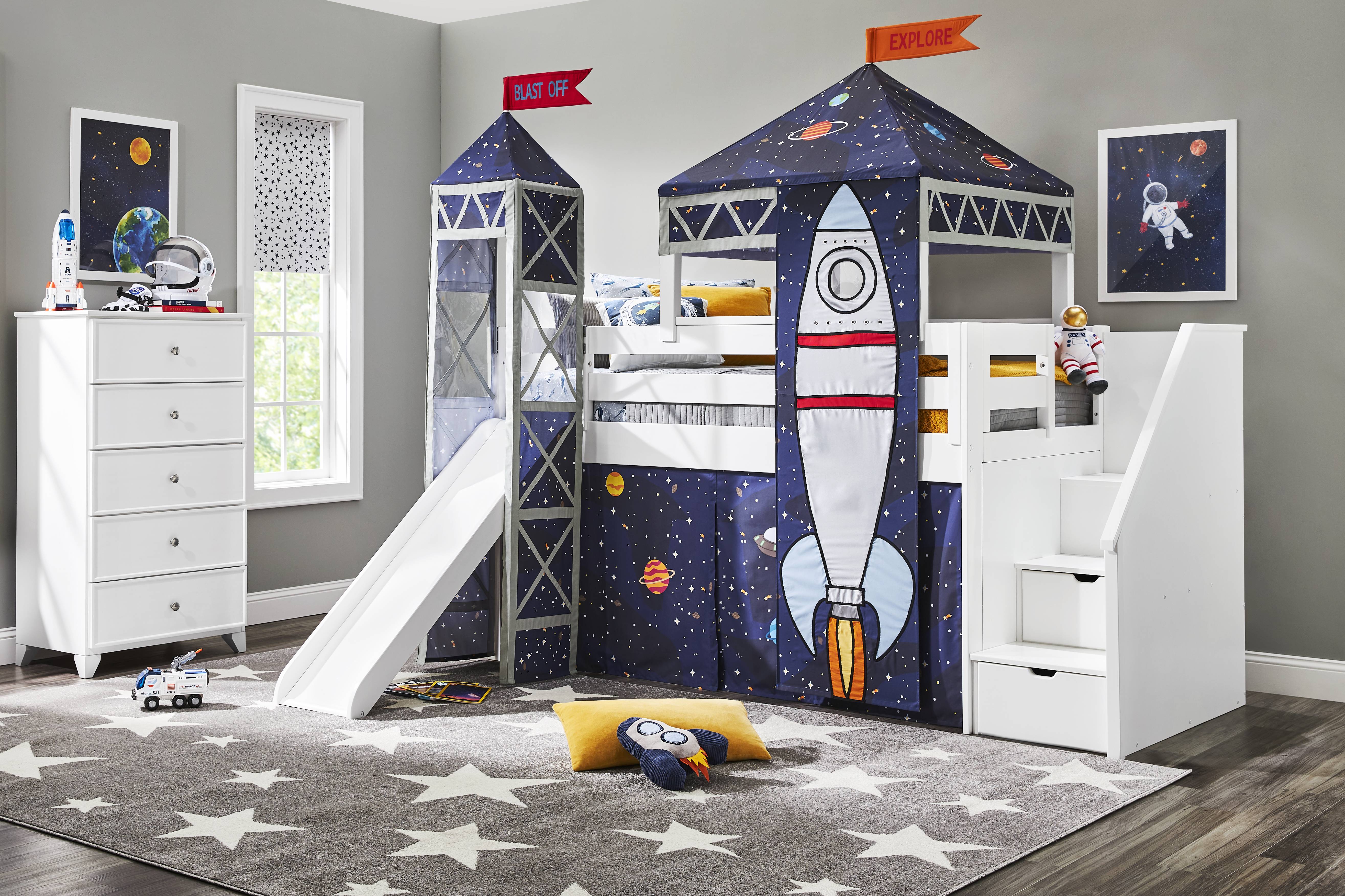 Kids Blast Off White Twin Step Loft Bed with Tower, Tent and Slide - Thumbnail - Image 2