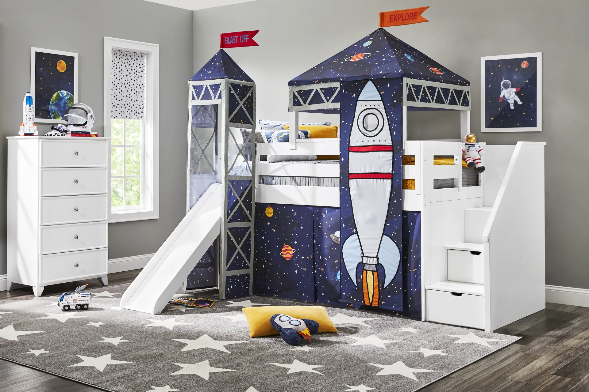 Kids Blast Off White Twin Step Loft Bed with Tower, Tent and Slide - Image 1