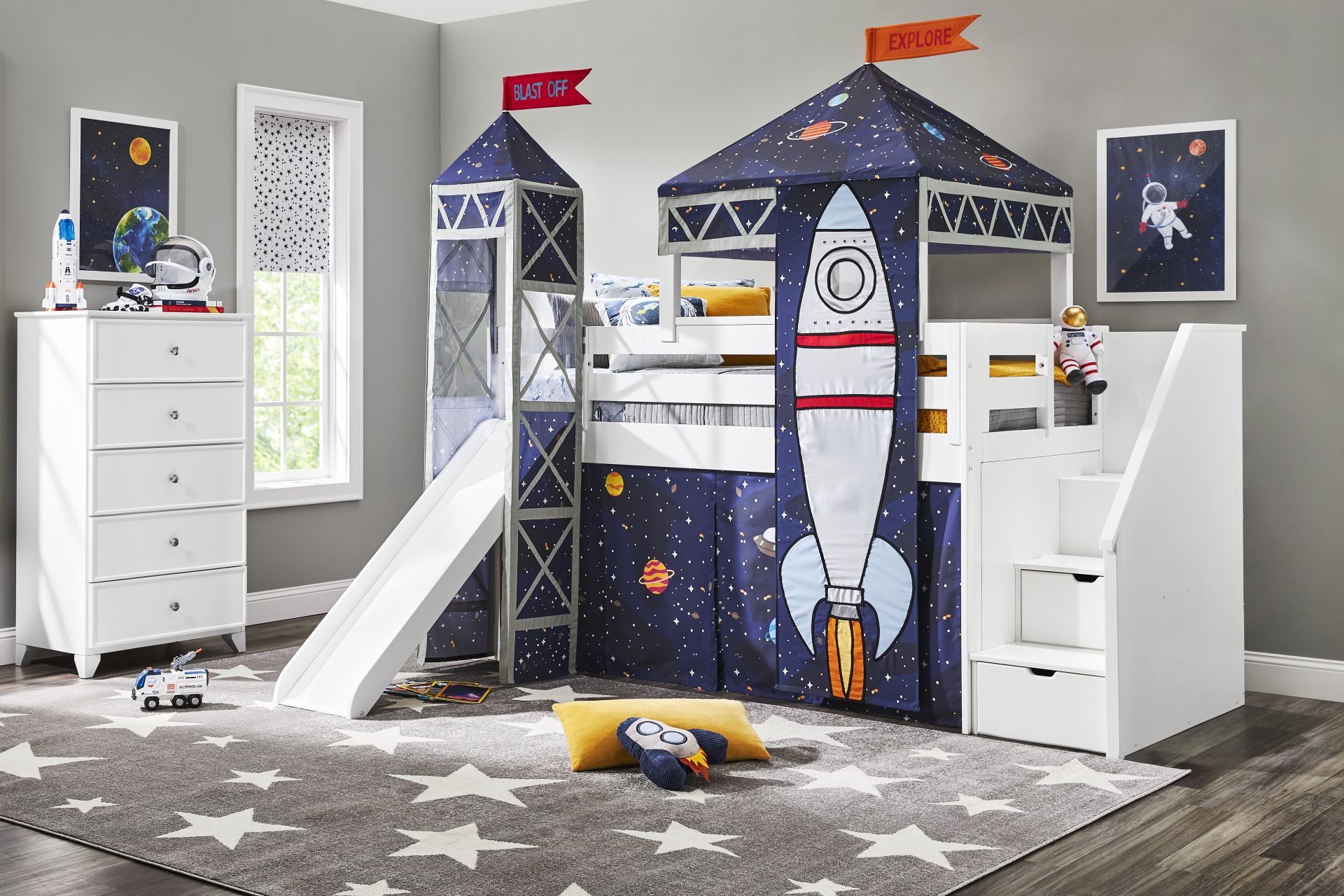 Kids Blast Off White Twin Step Loft Bed with Tower, Tent and Slide - Image 2