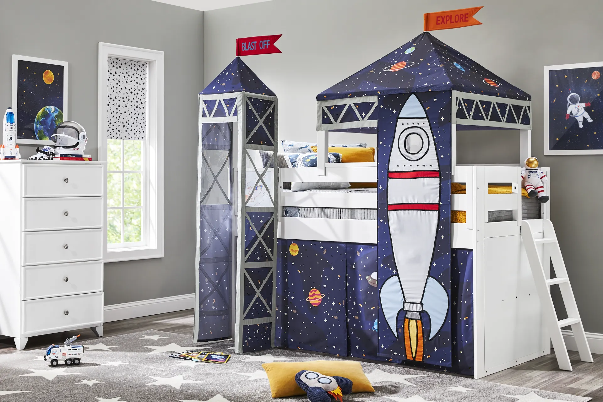 Kids Blast Off White Twin Loft Bed with Activity Panel, Tower and Tent - Image 2