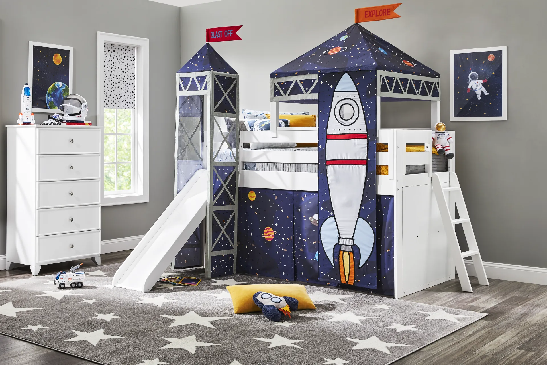 Kids Blast Off White Twin Loft Bed with Tower, Tent and Slide - Image 1