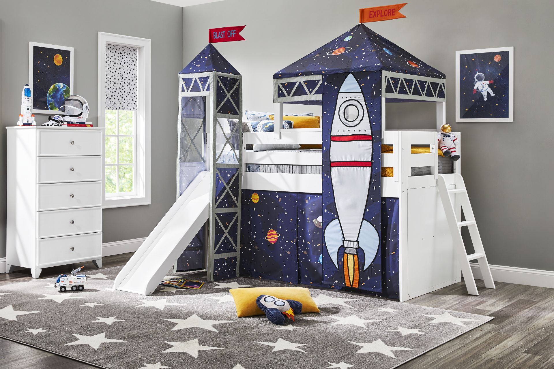 Kids Blast Off White Twin Loft Bed with Tower, Tent and Slide - Image 2
