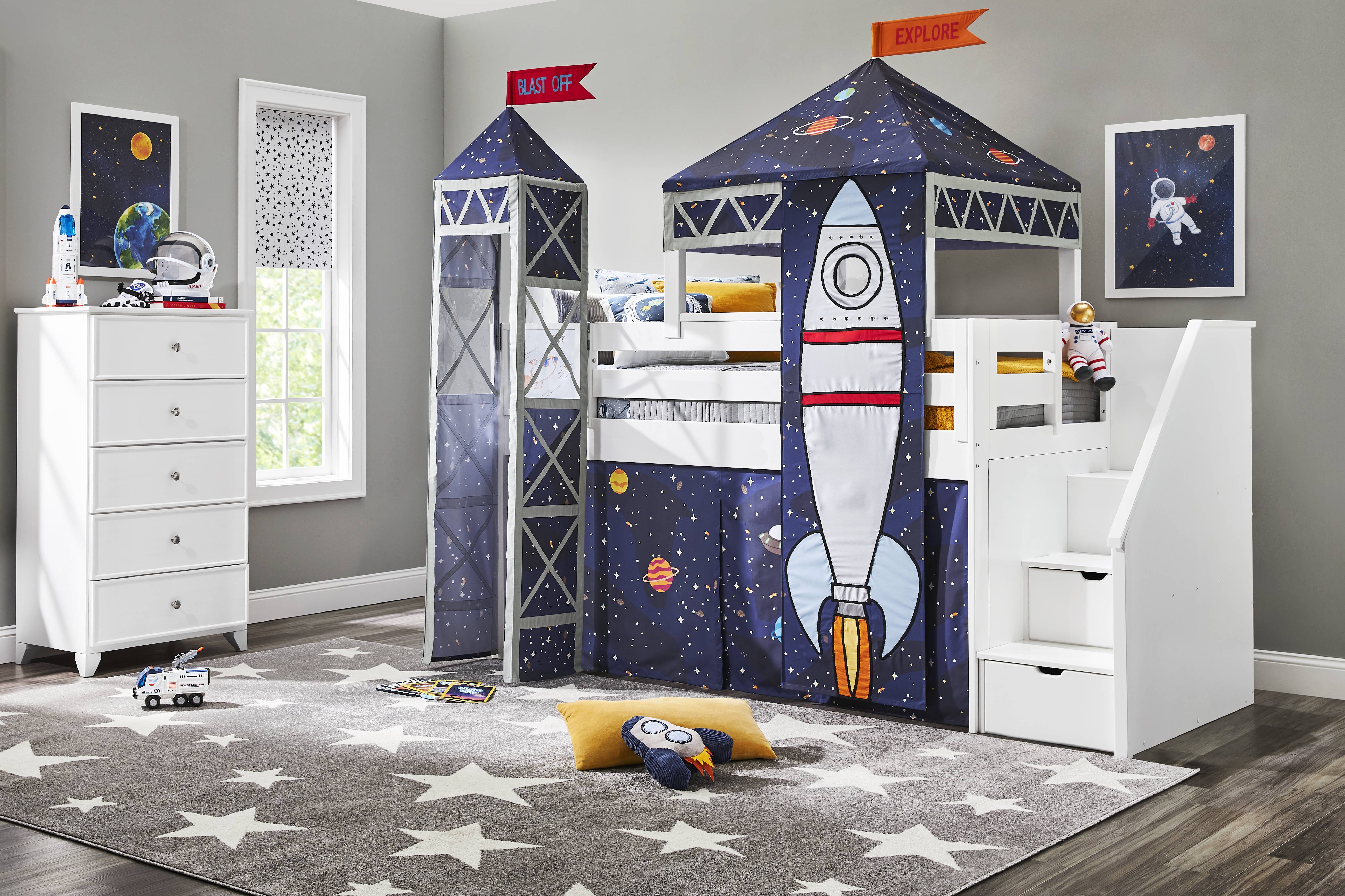 Kids Blast Off White Twin Step Loft Bed with Activity Panel, Tower and Tent - Thumbnail - Image 2