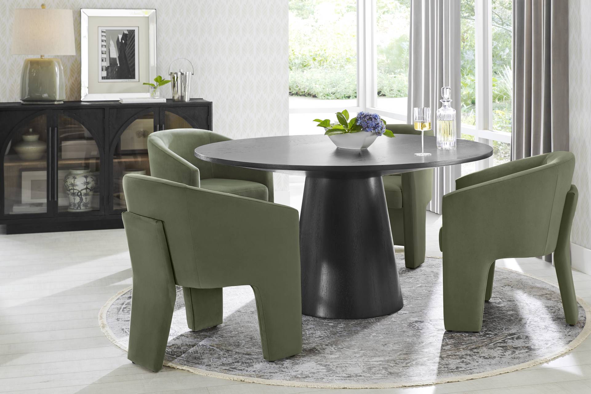 Kendall Black 5 Pc 59" Round Dining Room with Sage Arm Chairs full room